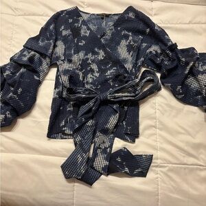 Alberto Makali Blue and White Checkered Blouse wrap around